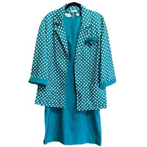 Vintage Leslie Fay Polka Dot Dress Suit Set Teal White 80s Jacket Dress 16